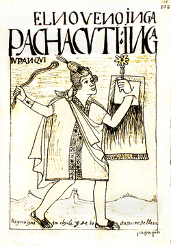 Ninth king of the Incas Pachacuti with a quipu